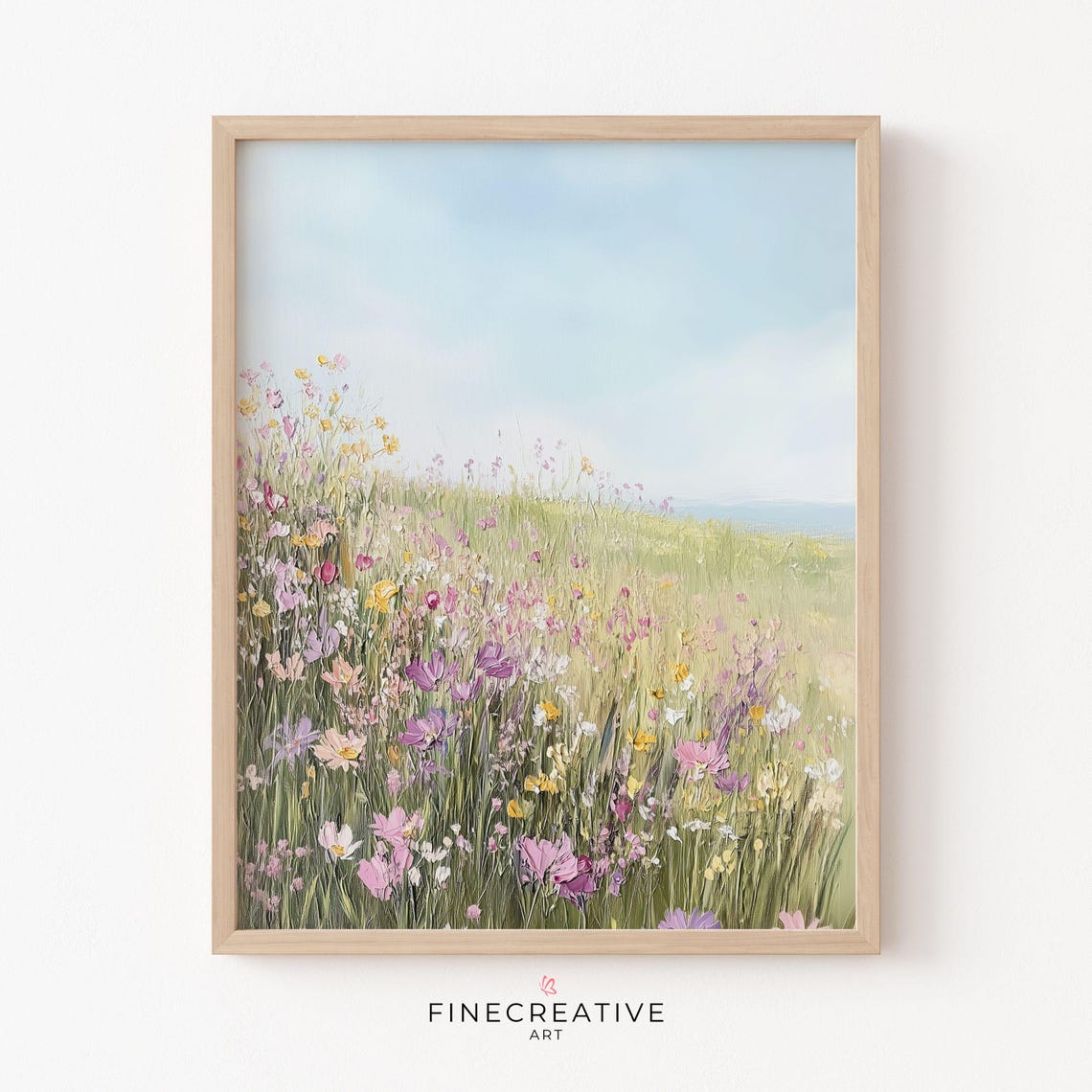 Pastel Wildflower Hillside Field Under a Soft Blue Sky Poster