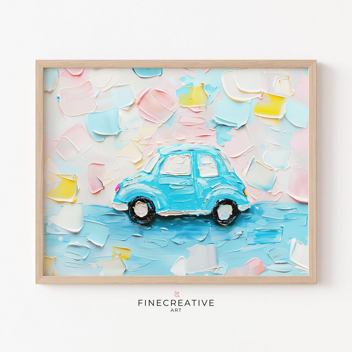 Cute Blue Vintage Bug Car Impasto Painting Nursery Kids Room Poster