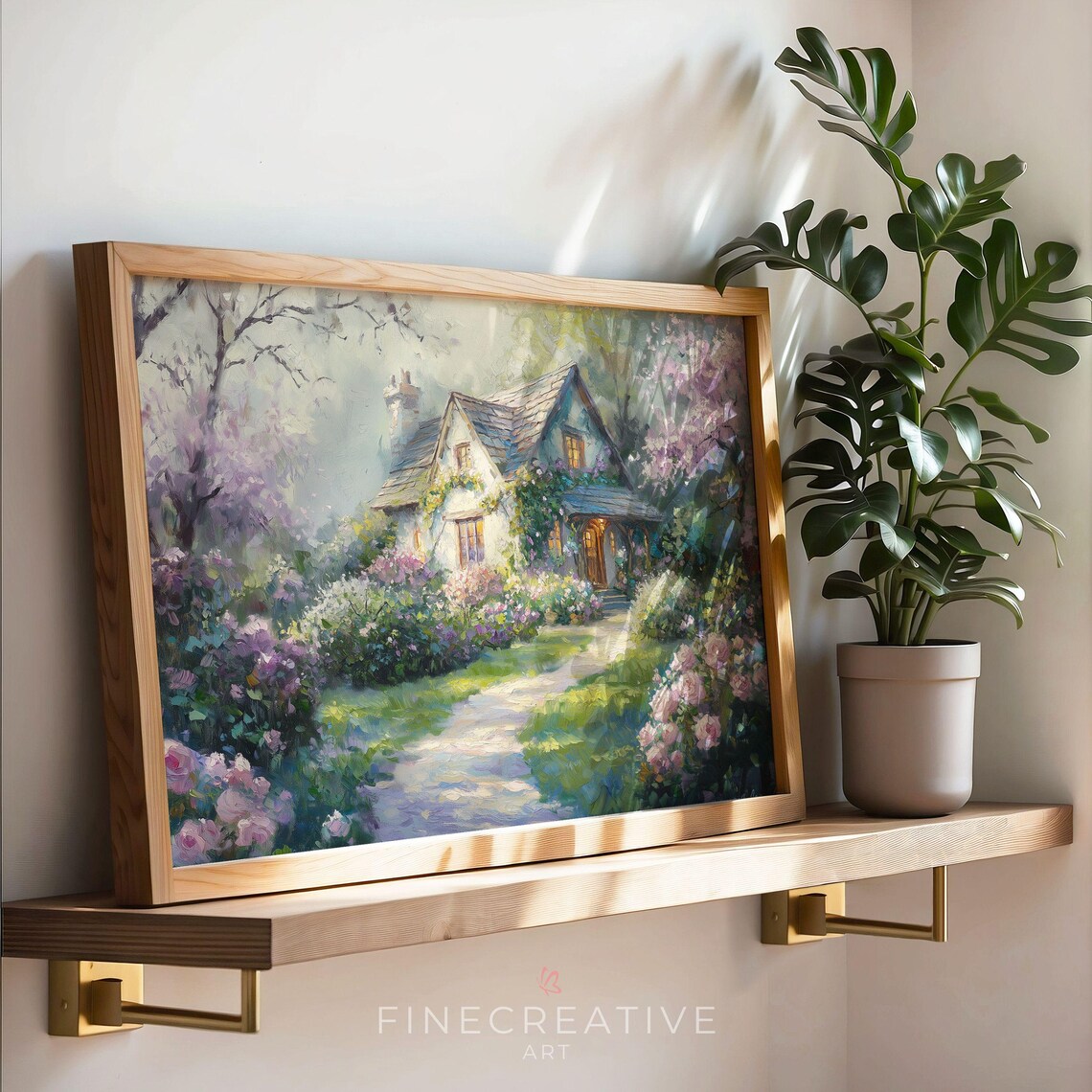 Cottage Garden Path With Pink Roses And Blooming Blossom Trees Print - Image 3