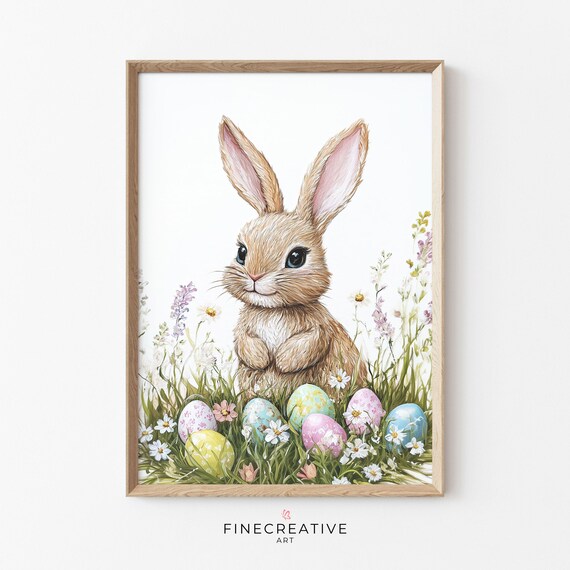 Easter Bunny With Colorful Eggs And Wildflowers Spring Print