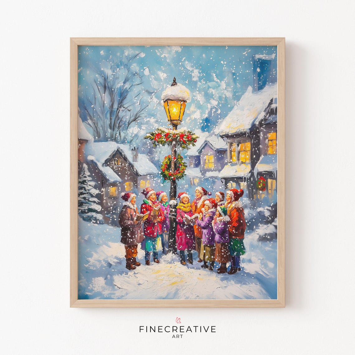 Christmas Carolers Singing Around Lamppost In Snow Scene Poster