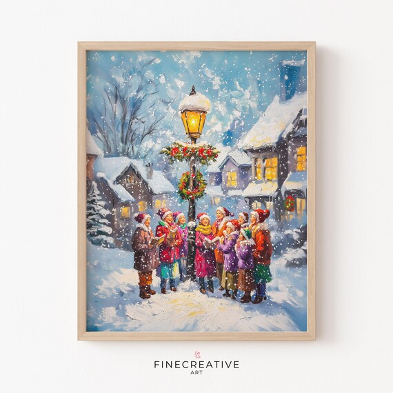 Christmas Carolers Singing Around Lamppost In Snow Scene Poster