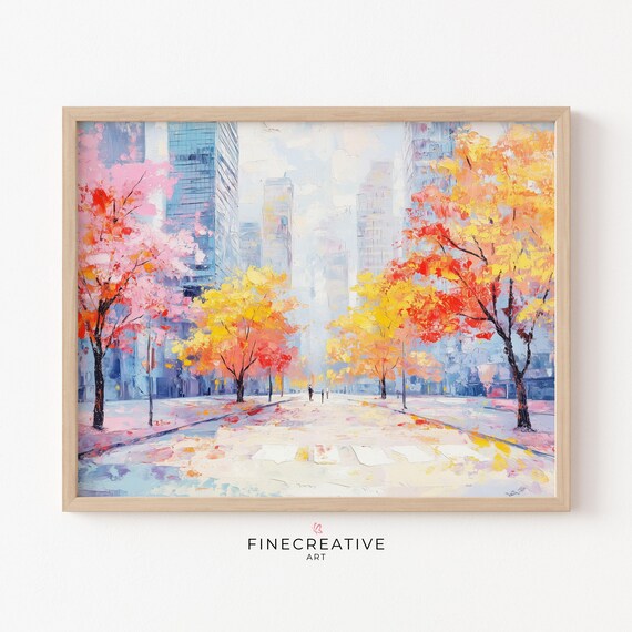 City Street Autumn Colorful Trees Modern Fall Painting Poster