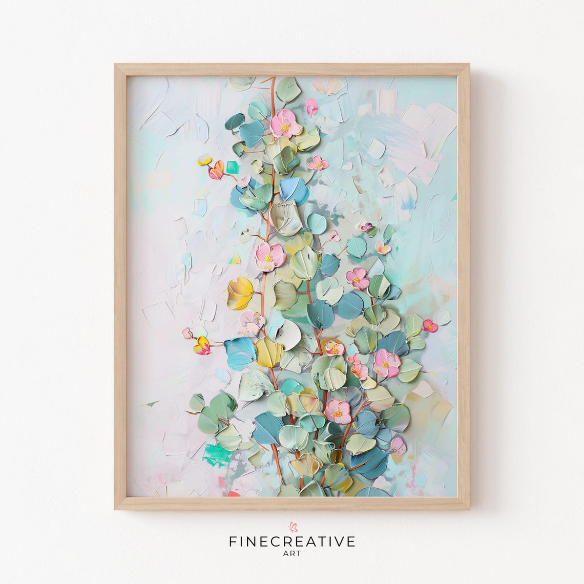 Pastel Eucalyptus Branch With Pink Blossoms Impasto Painting Poster