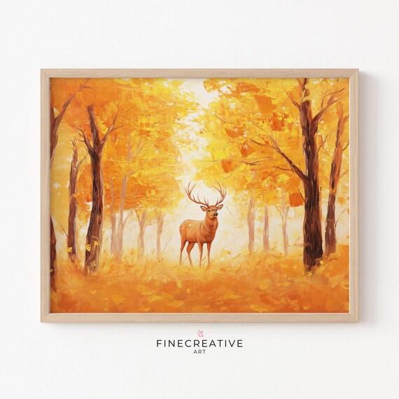 Autumn Deer Golden Forest Sunlit Woods Wildlife Painting Poster