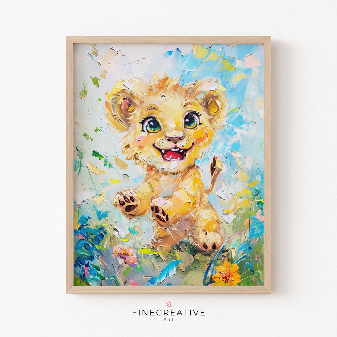 Cute Baby Lion Cub in Meadow Nursery Painting Kids Wall Poster