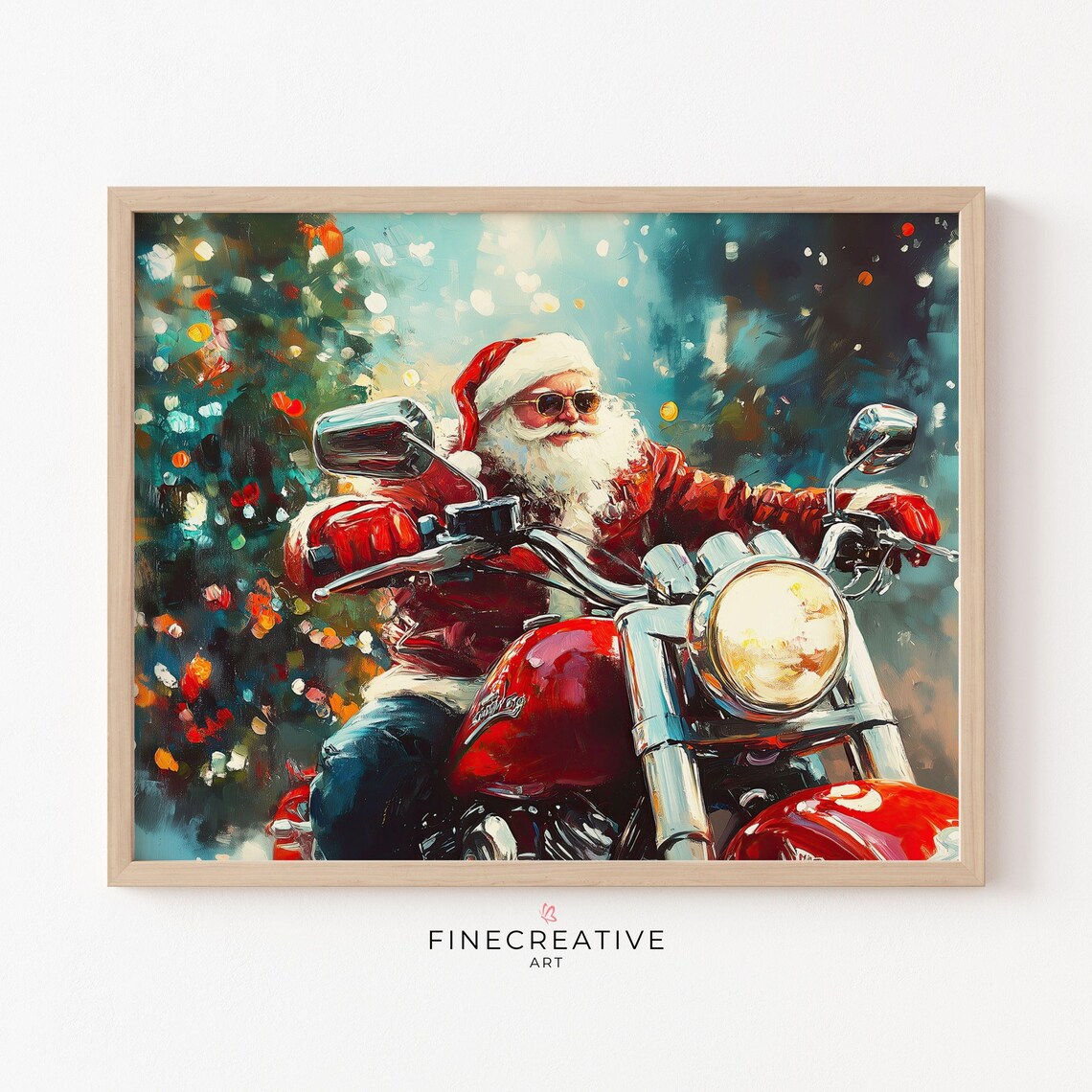 Santa Claus Riding Red Motorcycle with Sunglasses Christmas Poster