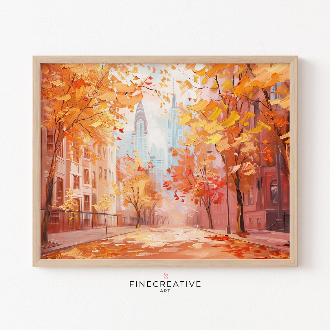 New York City Autumn Street Painting Golden Fall Trees City Poster
