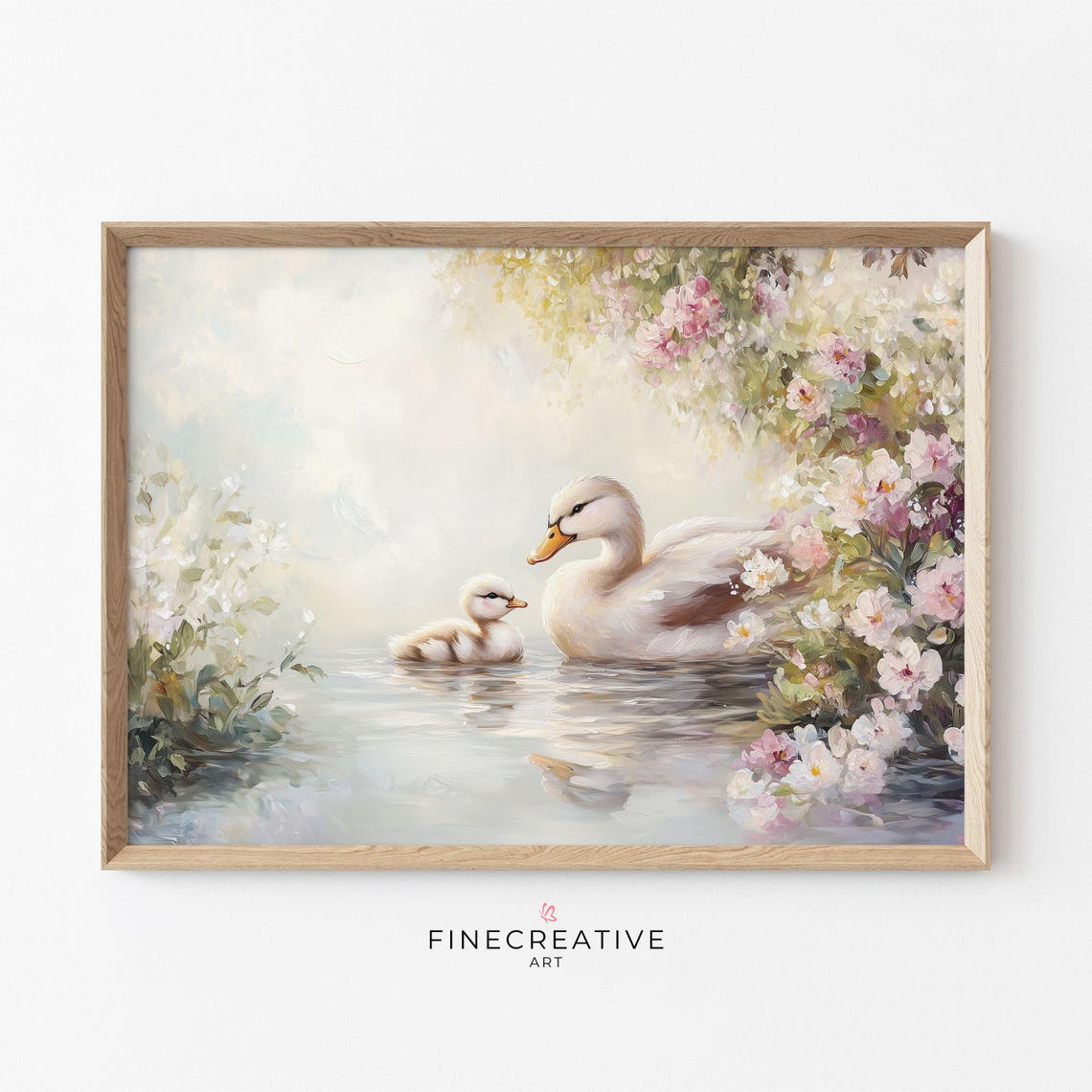 Mother Duck and Duckling Misty Water Spring Blossom Painting Poster