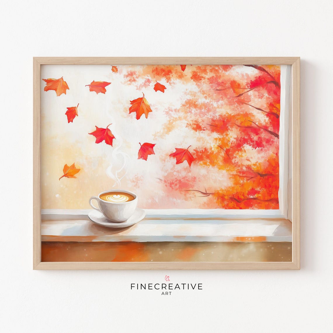 Autumn Coffee Cup Window Red Maple Leaves Cozy Fall Art Poster