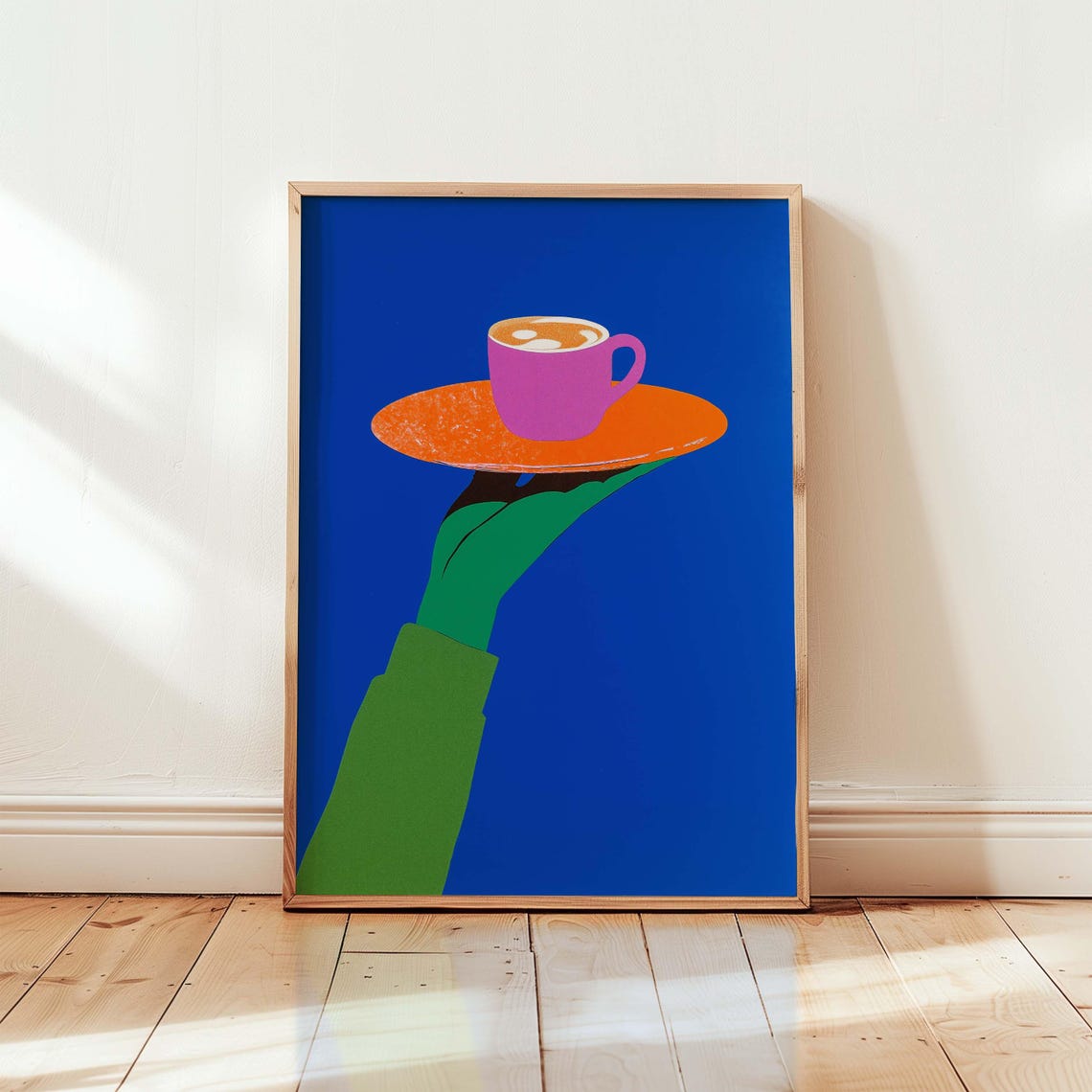 Green Hand Holding Coffee Tray Bold Pop Art Kitchen Wall Poster