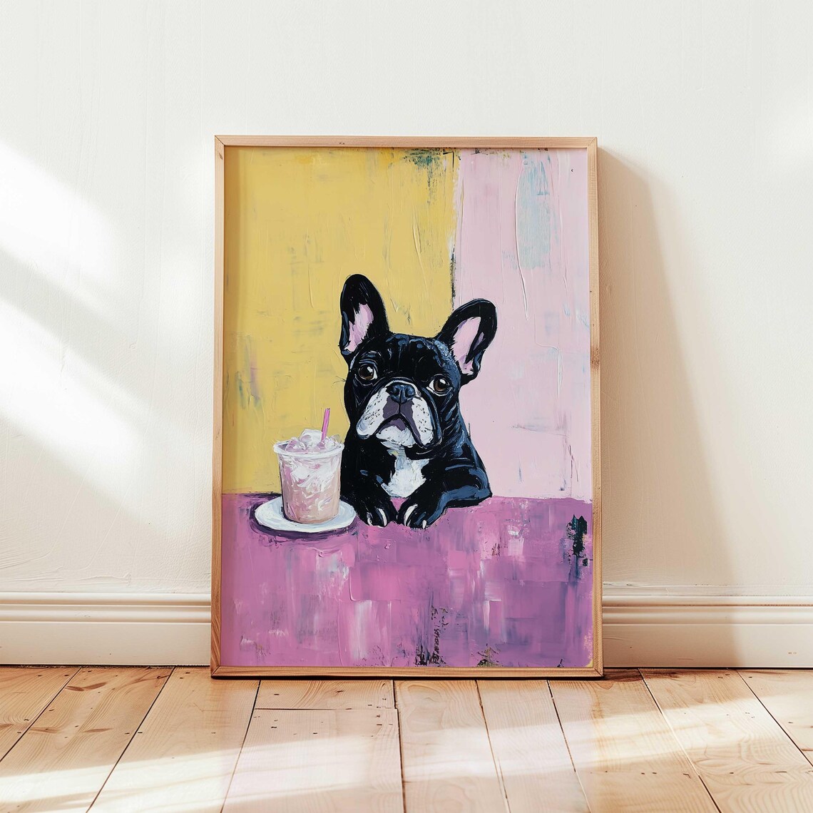 Black French Bulldog With Coffee Cup Colorful Dog Portrait Poster