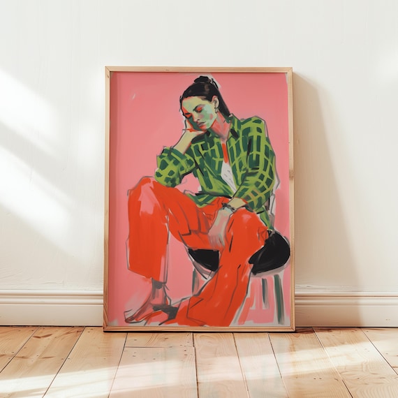 Seated Woman in Green Plaid Shirt Pink Fashion Illustration Poster