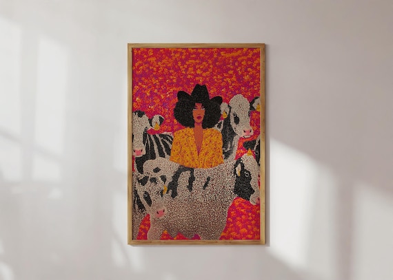 Cowgirl Art Print Bold Afro Western Wall Modern Woman With Cows Painting Vibrant Farmhouse Decor Country Style Portrait Black Female