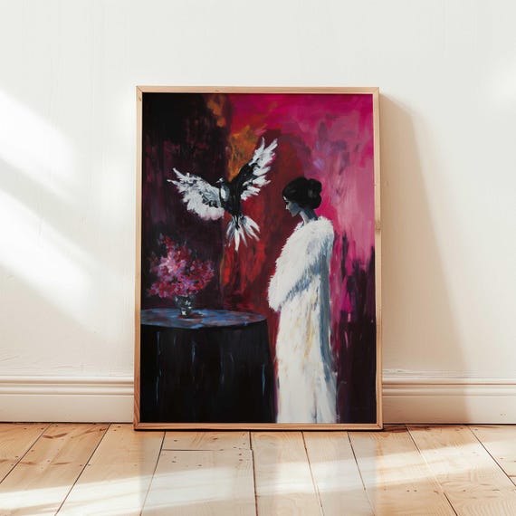 Folk Art Portrait Print Woman Magpie Bird Whimsical Acrylic Painting Modern Illustration Dark Academia Fashion