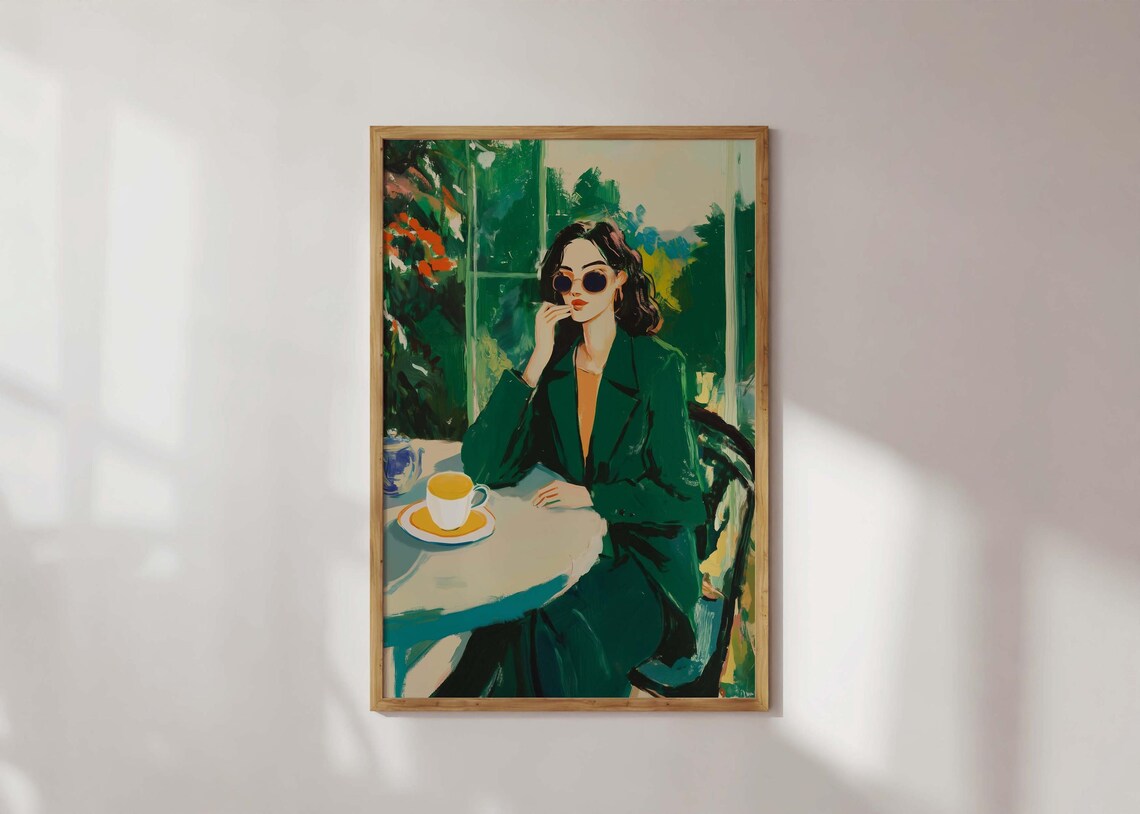 Chic Woman in Green Blazer Sunglasses Coffee Modern Portrait Poster