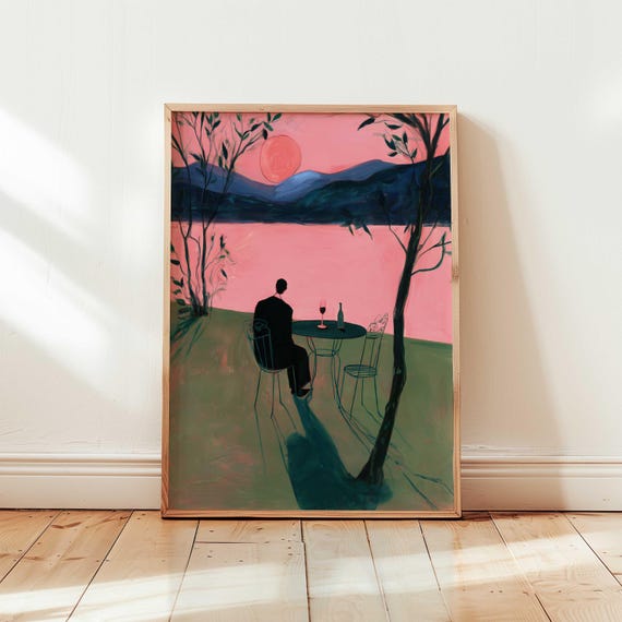 Sunset Lake Woman Art Print Modern Eclectic Wall Decor