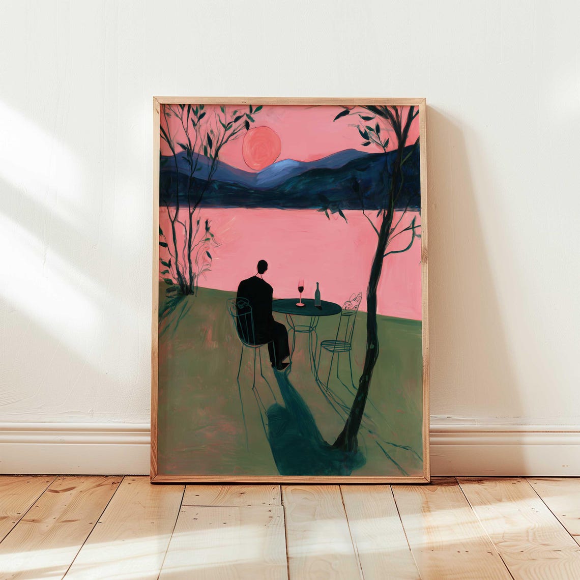 Woman At Sunset Lake Pink Evening Modern Figurative Art Print