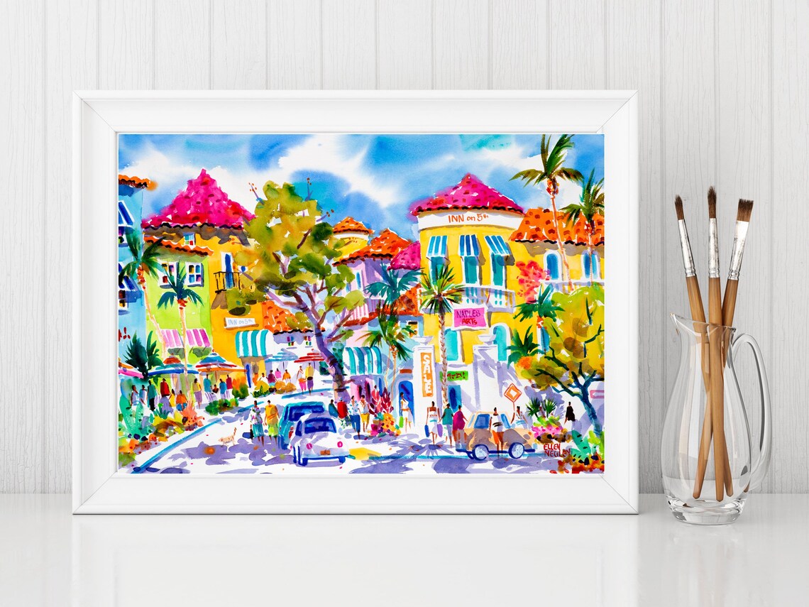Naples Florida Watercolor Art Print, 5th Avenue