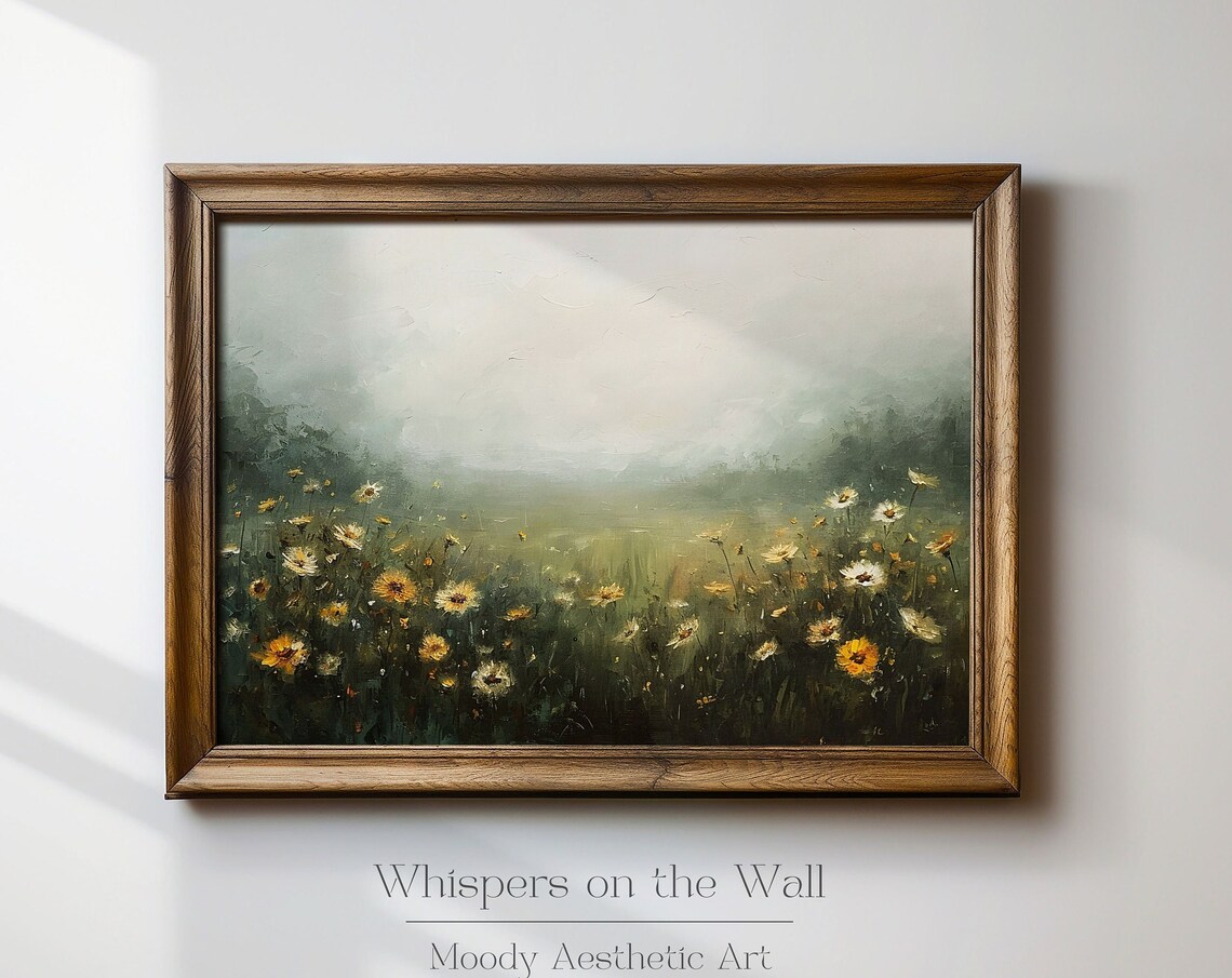 Soft Moody Misty Daisy Wildflower Field Landscape Oil Painting Poster