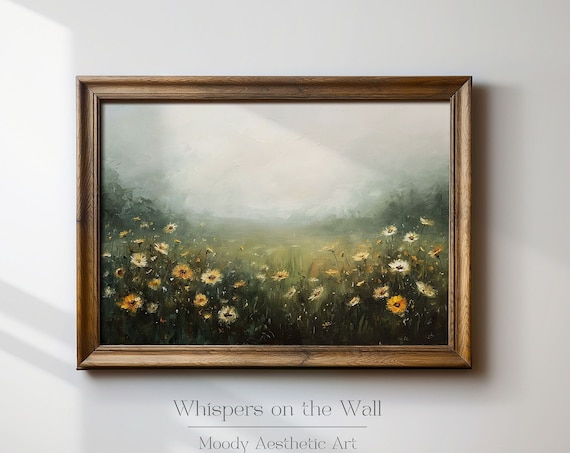 Soft Moody Misty Daisy Wildflower Field Landscape Oil Painting Poster