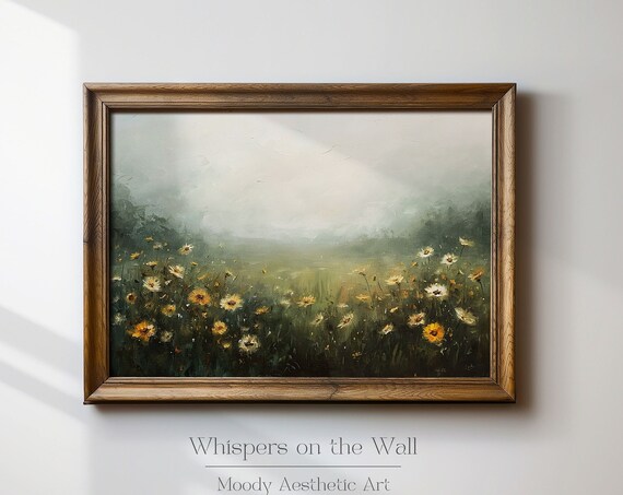 Wildflower Field Landscape Painting Farmhouse Wall Art Moody Art Print Spring Floral Wall Art