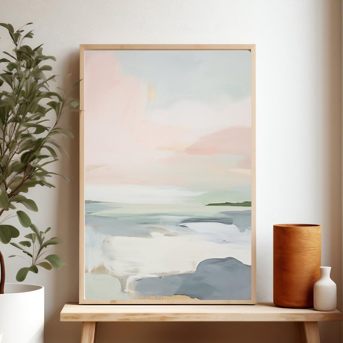 Minimal Abstract Coastal Watercolor Painting Blue Grey Waves Poster