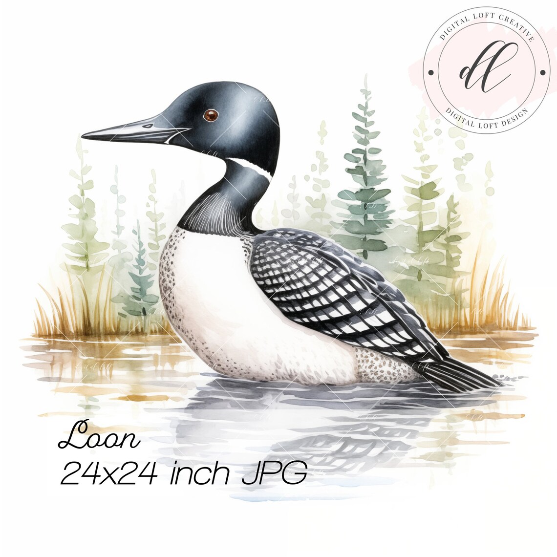 Graceful Common Loon on Calm Lake Watercolor Wildlife Poster