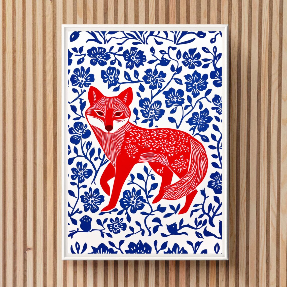 Vivid Red Fox Folk Art Linocut Blue Floral Woodland Scene Poster