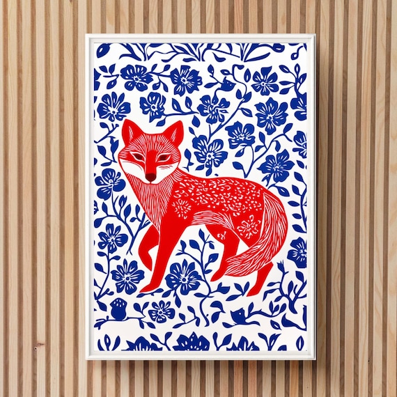 Vivid Red Fox Folk Art Linocut Blue Floral Woodland Scene Poster