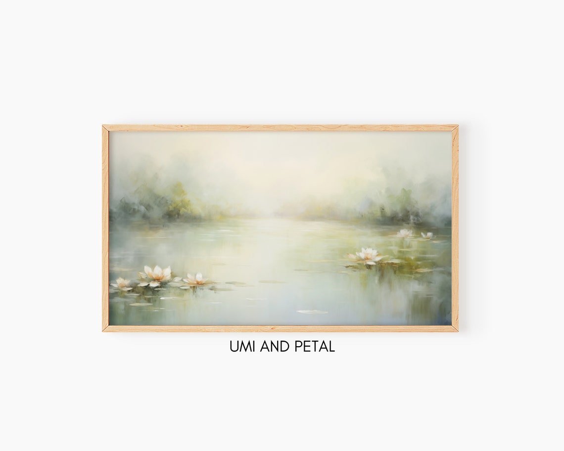 White Water Lilies Misty Pond Tranquil Soft Botanical Art Poster
