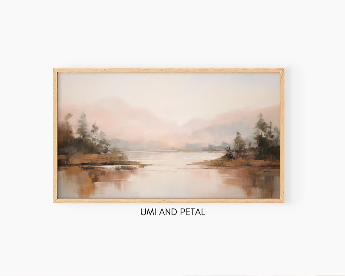 Misty Lake Sunrise Soft Pink Sky Trees Reflection Oil Painting Poster