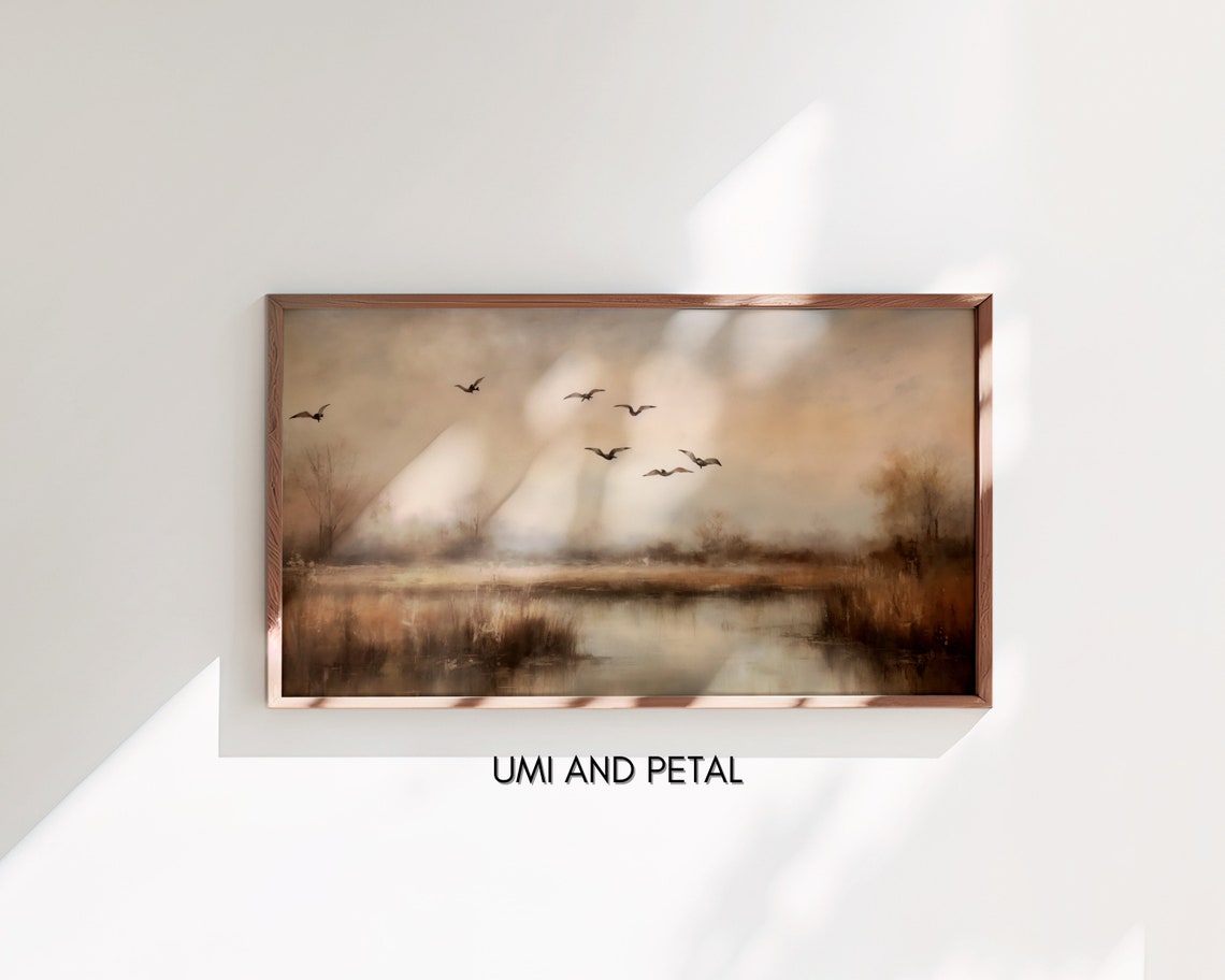 Geese Flying Marsh Dawn Autumn Birds Water Reflection Painting Poster - Image 3