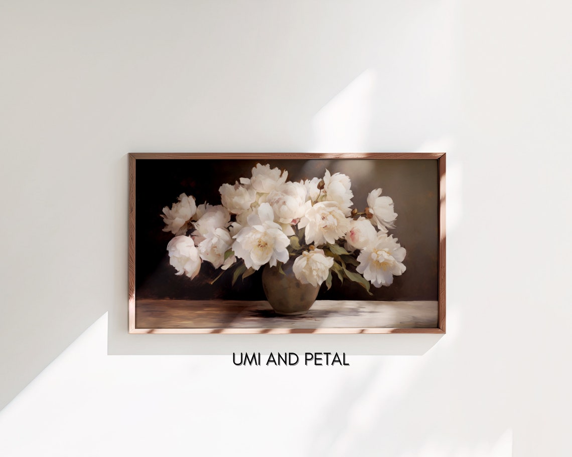 White Peonies Bouquet Dark Background Elegant Floral Art Poster - Image 3