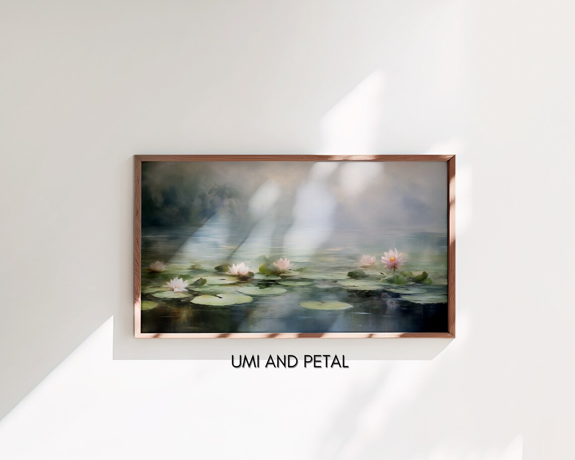 Pink Water Lilies Misty Pond Impressionist Floral Oil Painting Poster - Image 3