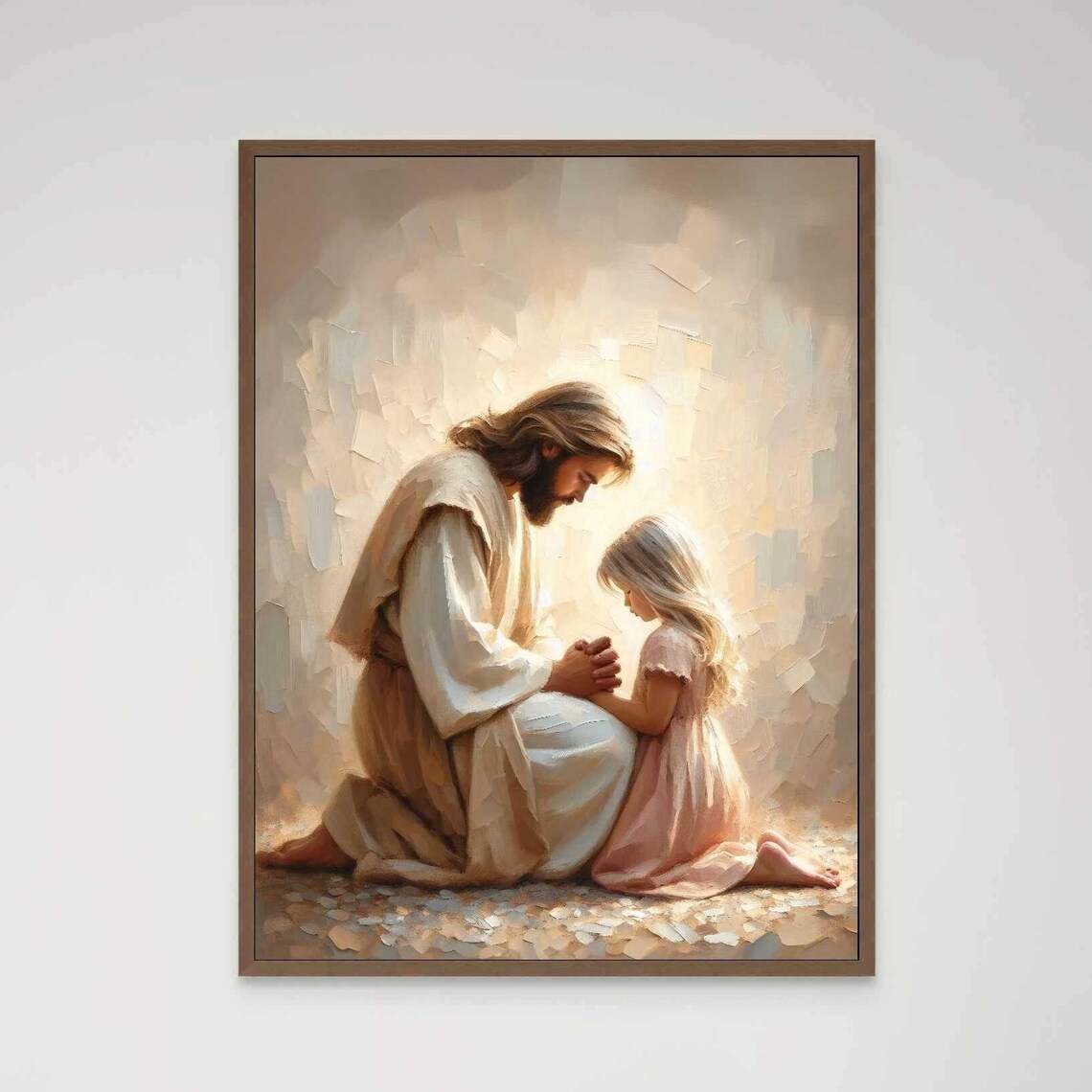 Jesus Kneeling In Prayer With Little Girl In Pink Dress Golden Poster