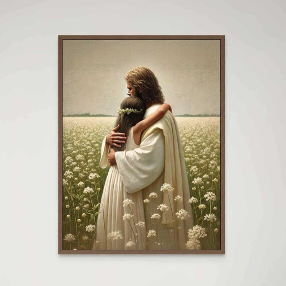Jesus Holding Girl With Flower Crown In Field Of White Blossoms Poster