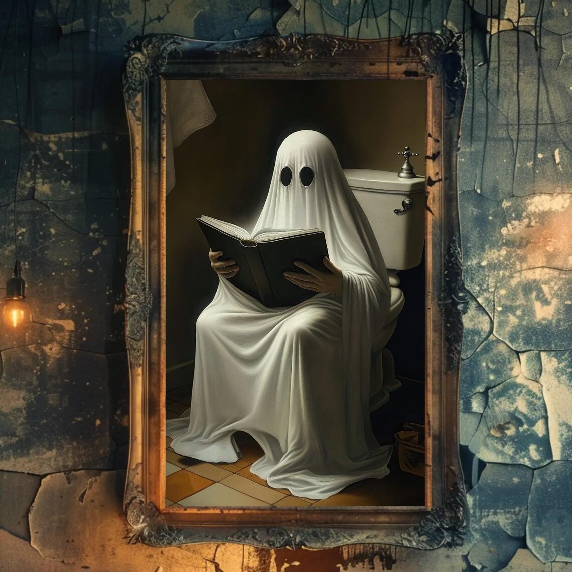 Ghost Reading Book on Toilet Funny Spooky Bathroom Humor Poster