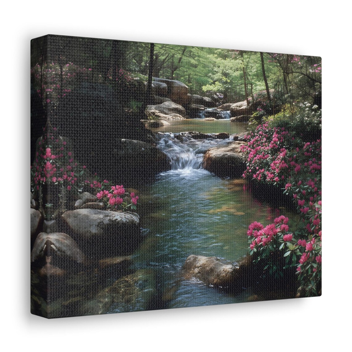 Serene Emerald Forest Creek Pink Blooms Cascading Falls Wall Art - Image 3
