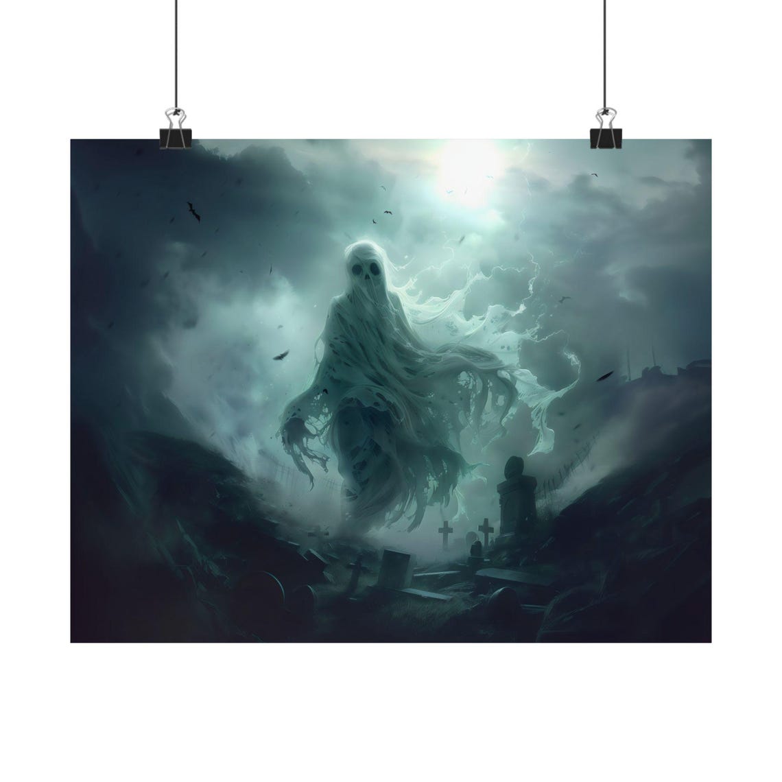 Moonlit Graveyard Ghost Haunting Tombstones Night Horror Art Poster