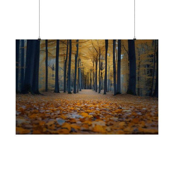 Golden Autumn Woodland Path Fallen Leaves Moody Forest Poster