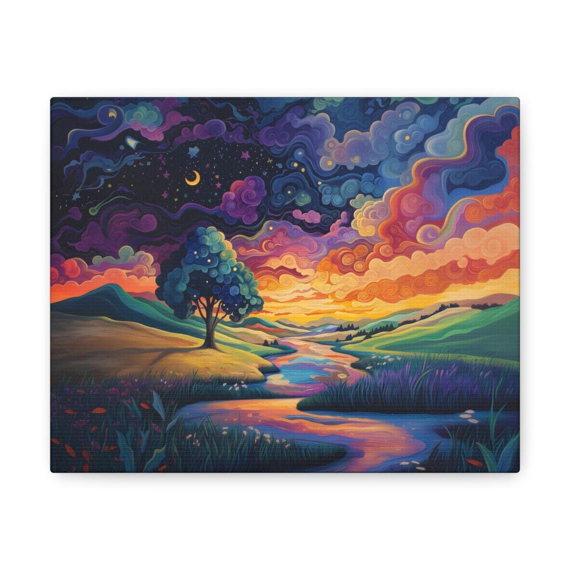 Swirling Starry Night Sky Over Rolling Country Hills Fields Print - Image 3