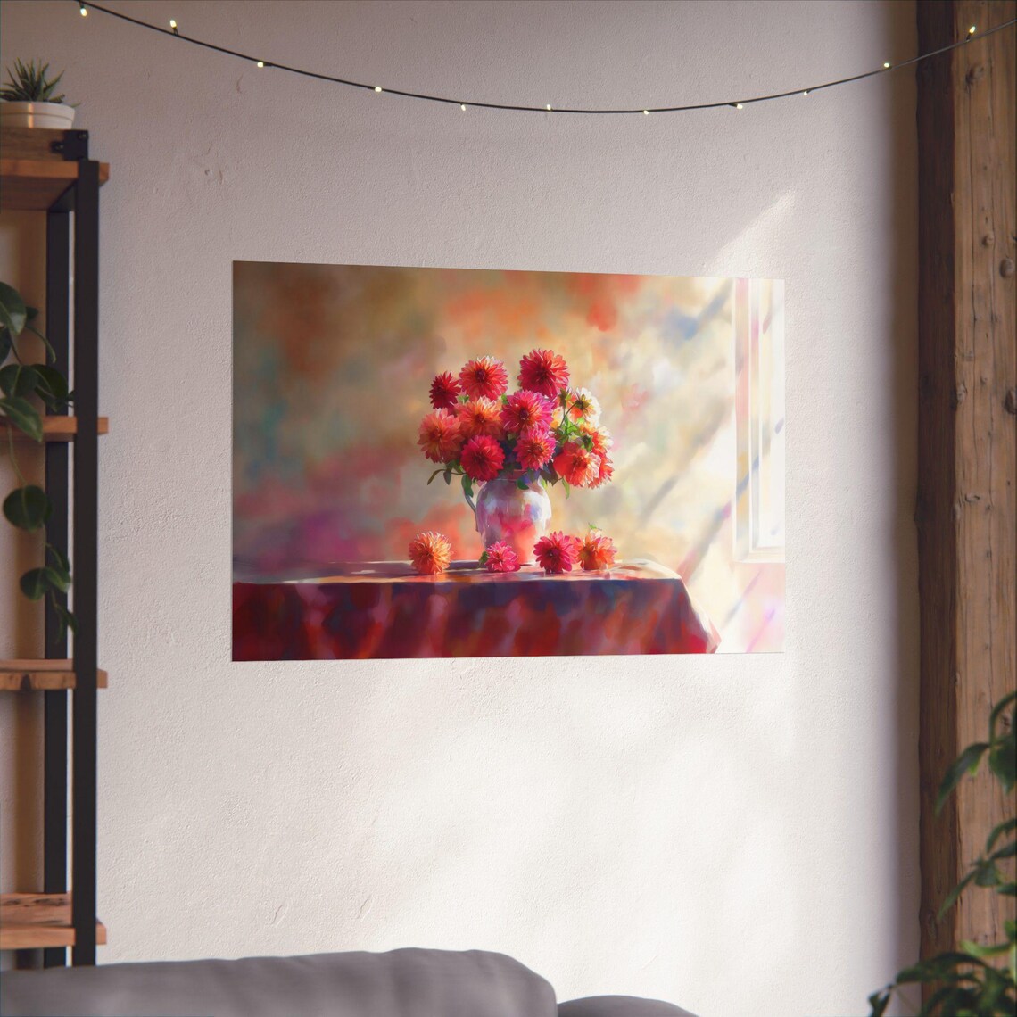 Bright Red Dahlias in Vase Warm Sunlight Watercolor Floral Poster