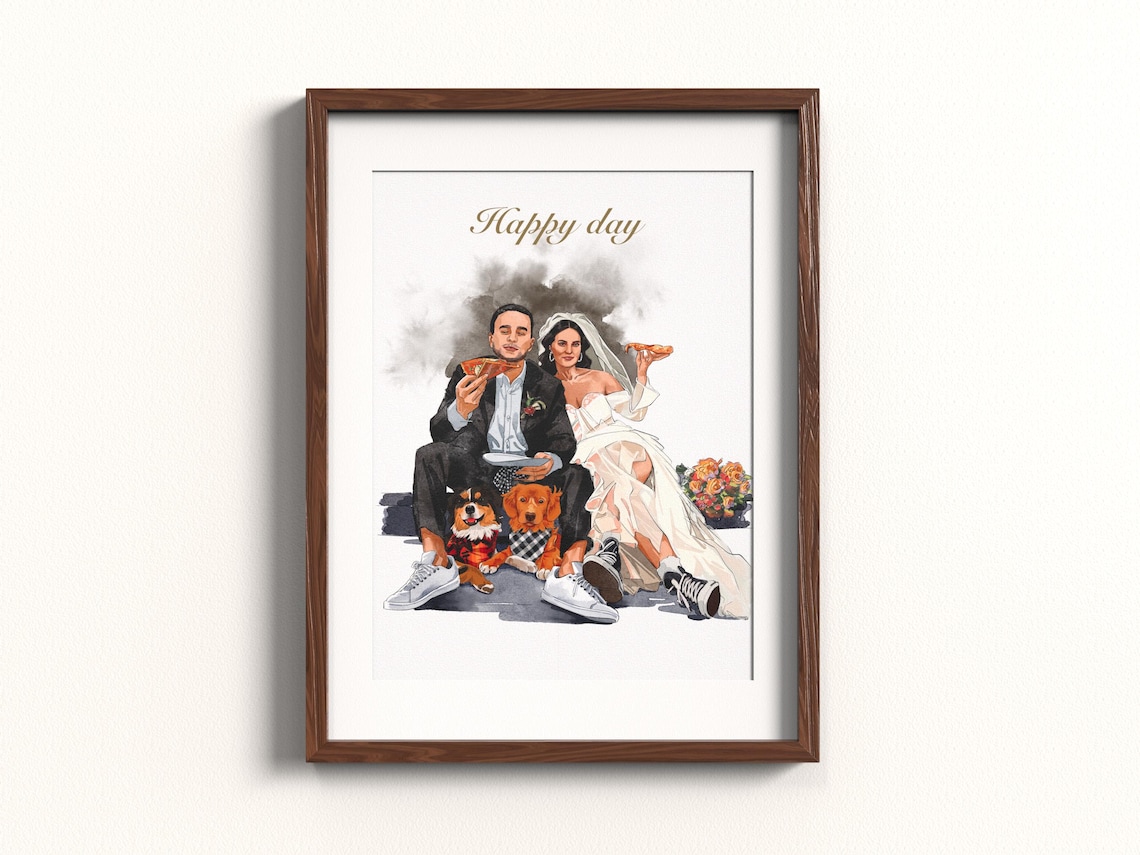 Happy Day Pizza Wedding Couple With Two Dogs Illustration Art Poster