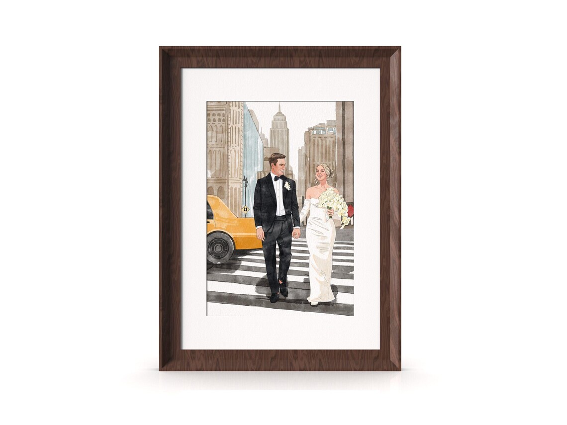 Bride and Groom Holding White Dog Custom Wedding Portrait Art Poster - Image 7