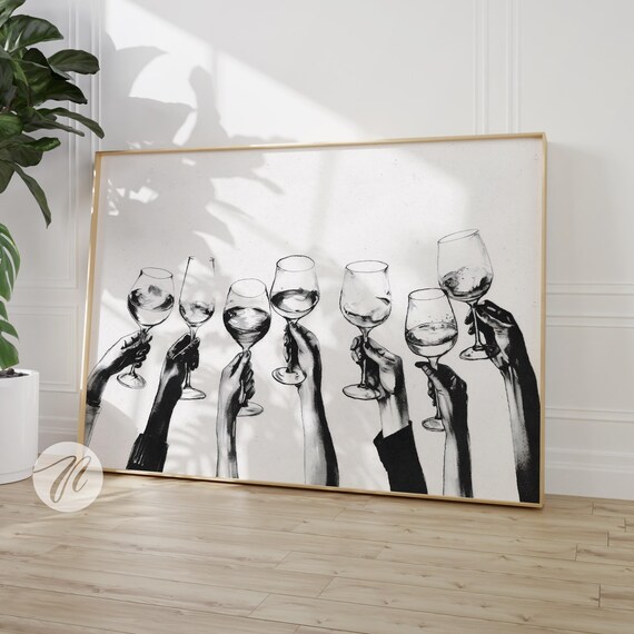Cheers Print Bar Cart Decor Abstract Neutral Black And White Prints Poster Art Vintage Alcohol Wall