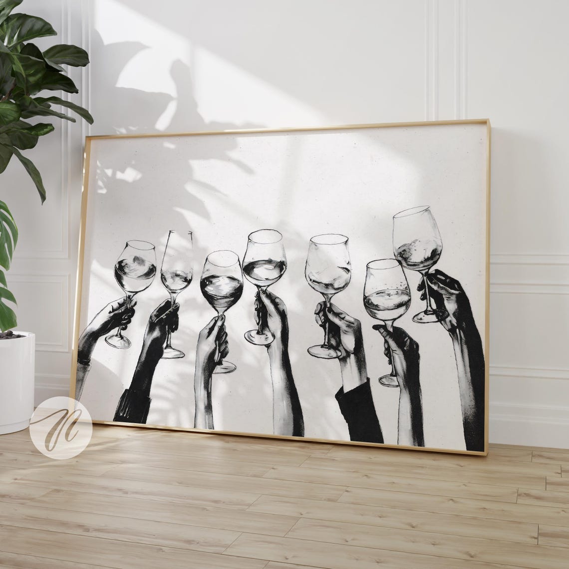 Cheers Wine Glass Toast Black White Modern Bar Cart Decor Wall Art