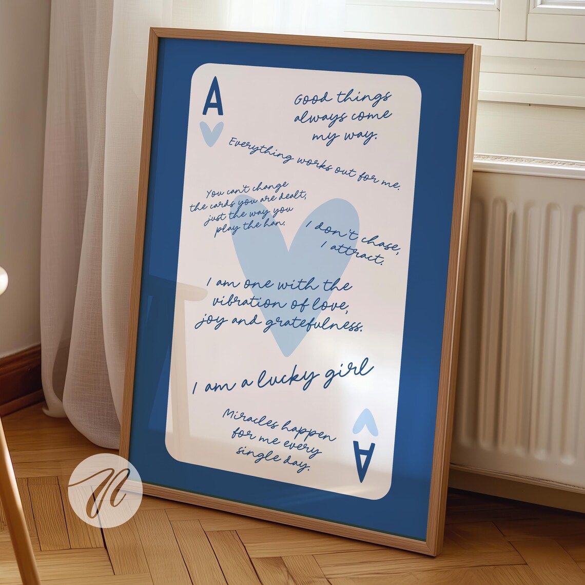 Lucky Girl Ace of Hearts Affirmation Card Navy Blue Trendy Wall Poster