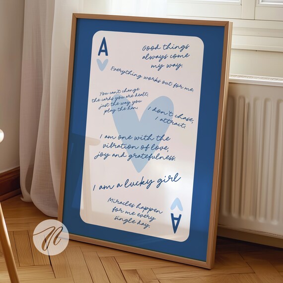 Lucky Girl Syndrome Ace Of Hearts Card Poster Trendy Navy Blue Wall Art Prints Retro Bar Cart Preppy Funky Apartment Decor