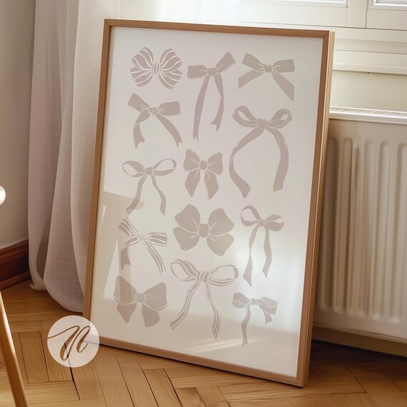 Neutral Beige Bows Print Coquette Room Decor Preppy Wall Art Trendy College Apartment Girly Old Money
